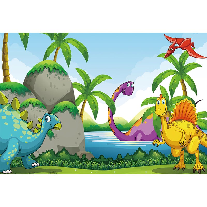 Baocicco Vinyl 5x3ft Cartoon Dinosaurs Backdrop Photography Background Prehistoric Jurassic Period Mountains Lake Water Cute Baby Kid Birthday Party Decoration Infant Children Photo Portraits Prop - Image 1